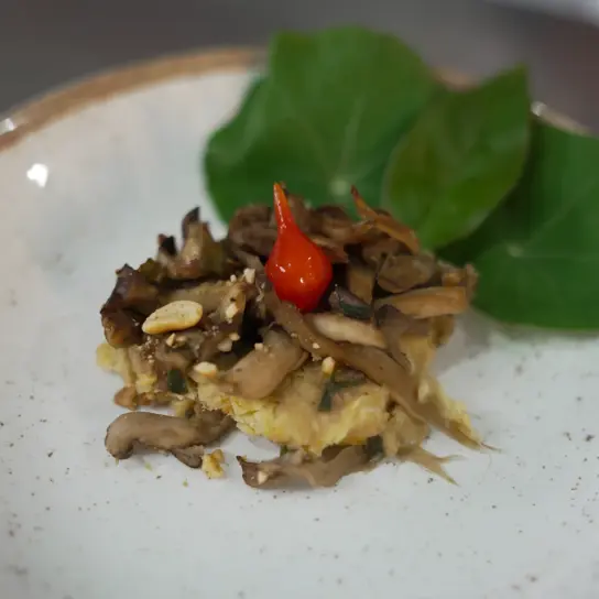 Torta de grão-de-bico com recheio de shimeji e castanhas
